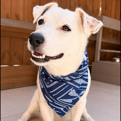 A white dog sitting on a tiled floor wearing a blue and white patterned bandana around its neck.