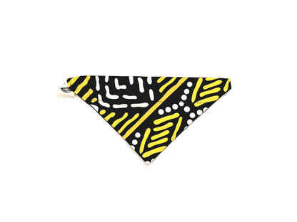 Black bandana with yellow and white patterns on a white background