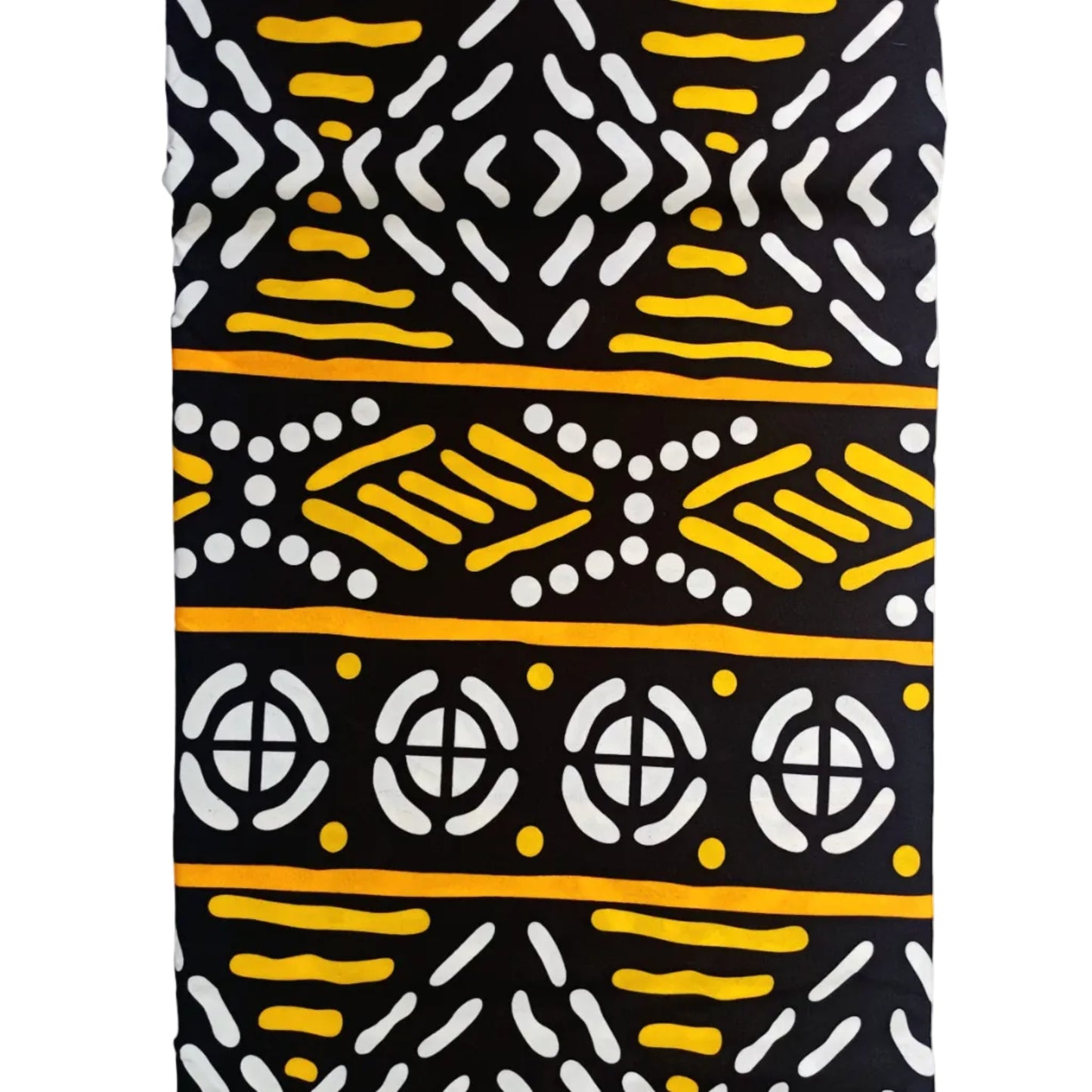 Patterned fabric with black, yellow, and white colours on a black background