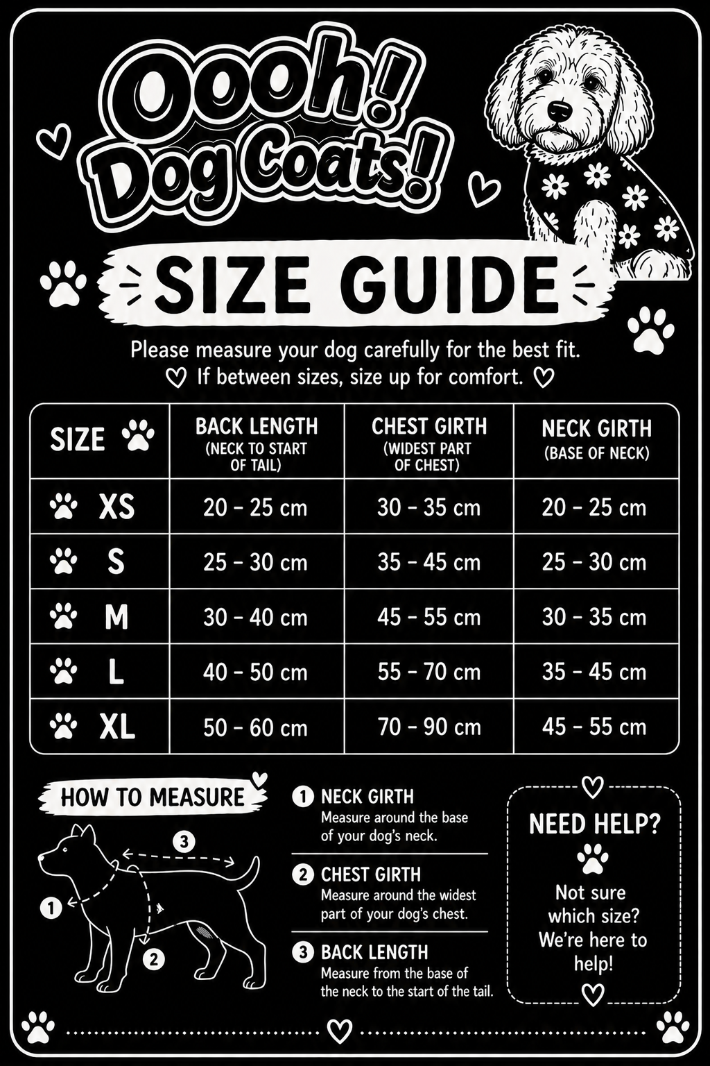 Dog coat size guide with measurements and a dog wearing a coat on a black background
