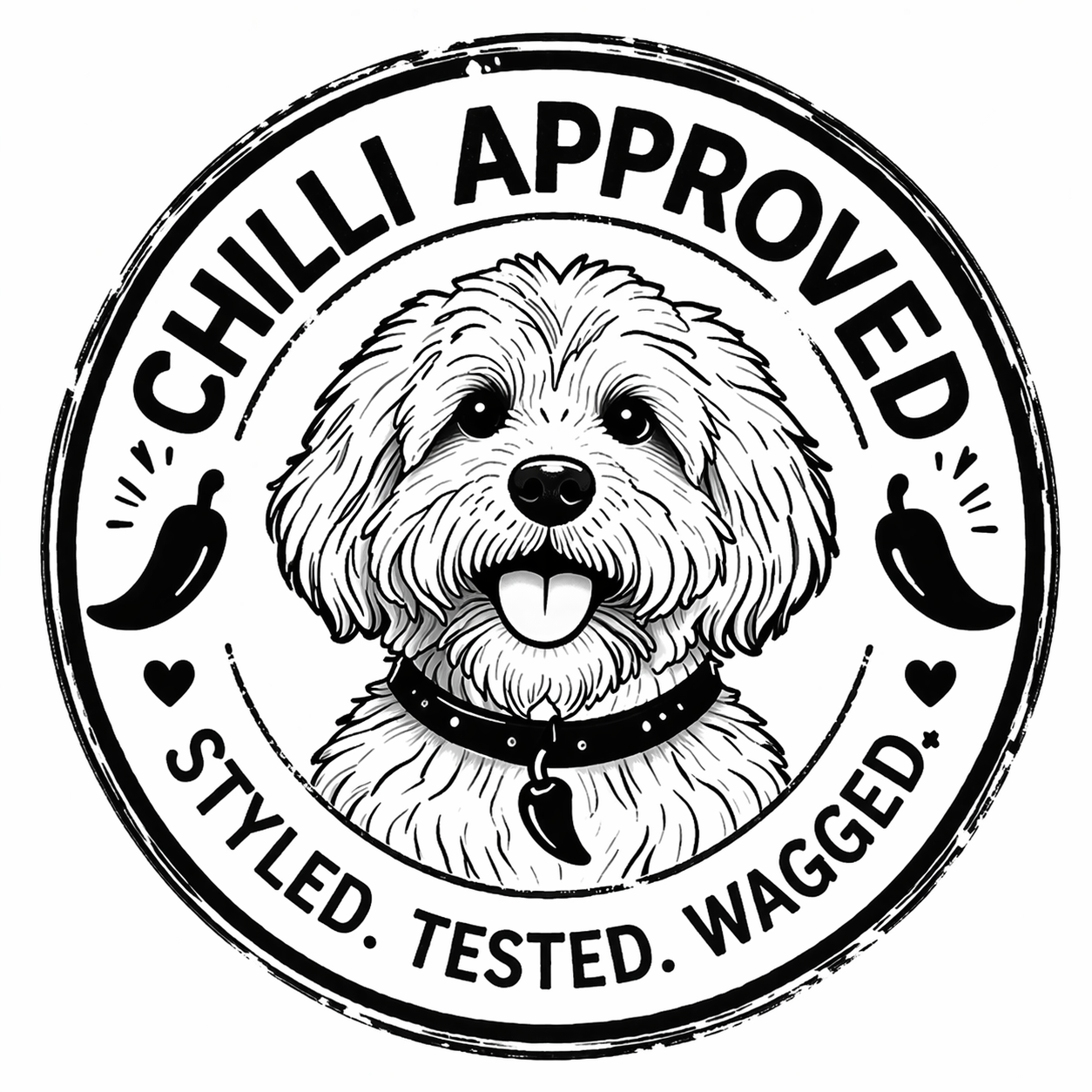 Circular logo with a dog illustration and 'Chilli Approved' text on a white background