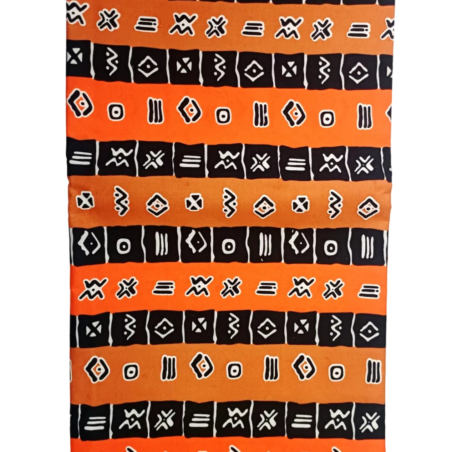 Fabric with black geometric patterns on an orange background
