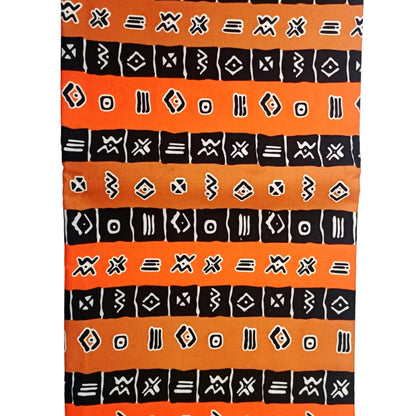 Fabric with black geometric patterns on an orange background