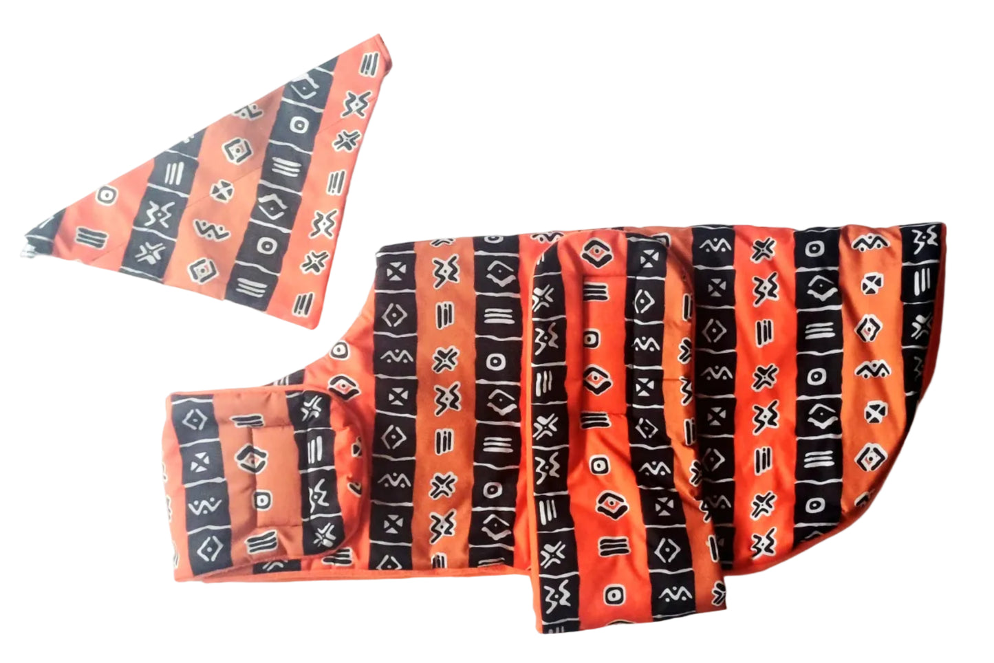 Orange and black patterned dog coat on a white background
