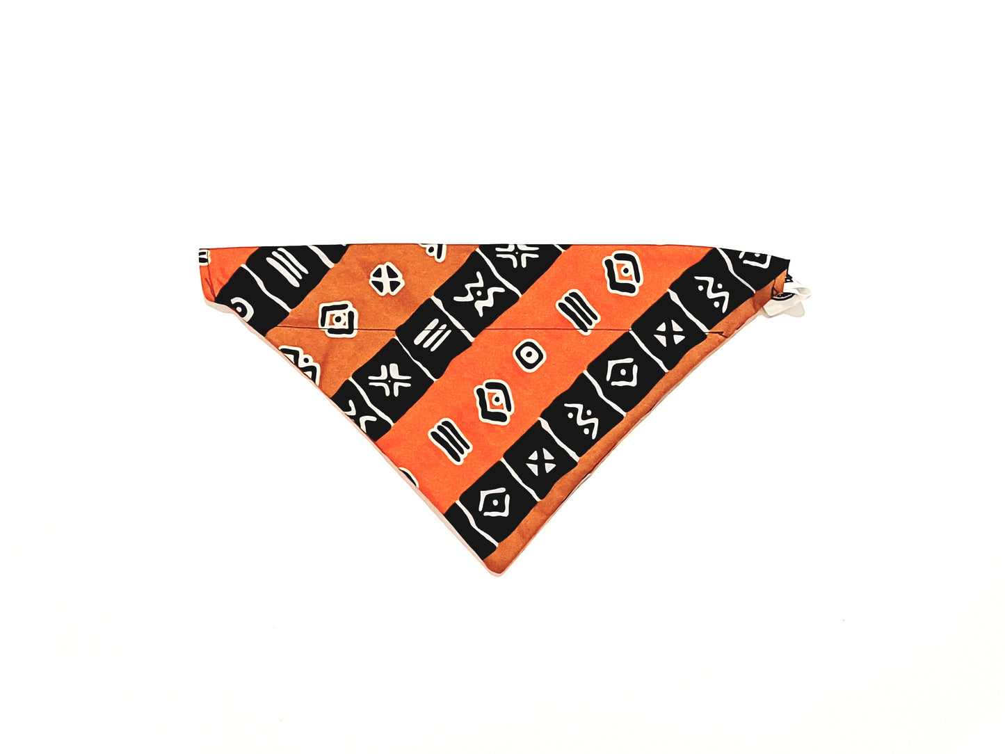 Orange and black patterned bandana on a white background