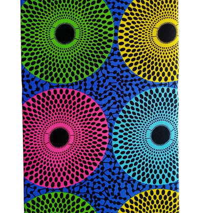Colourful abstract pattern of concentric circular dots in pink, green, yellow, and blue on a dark blue background.