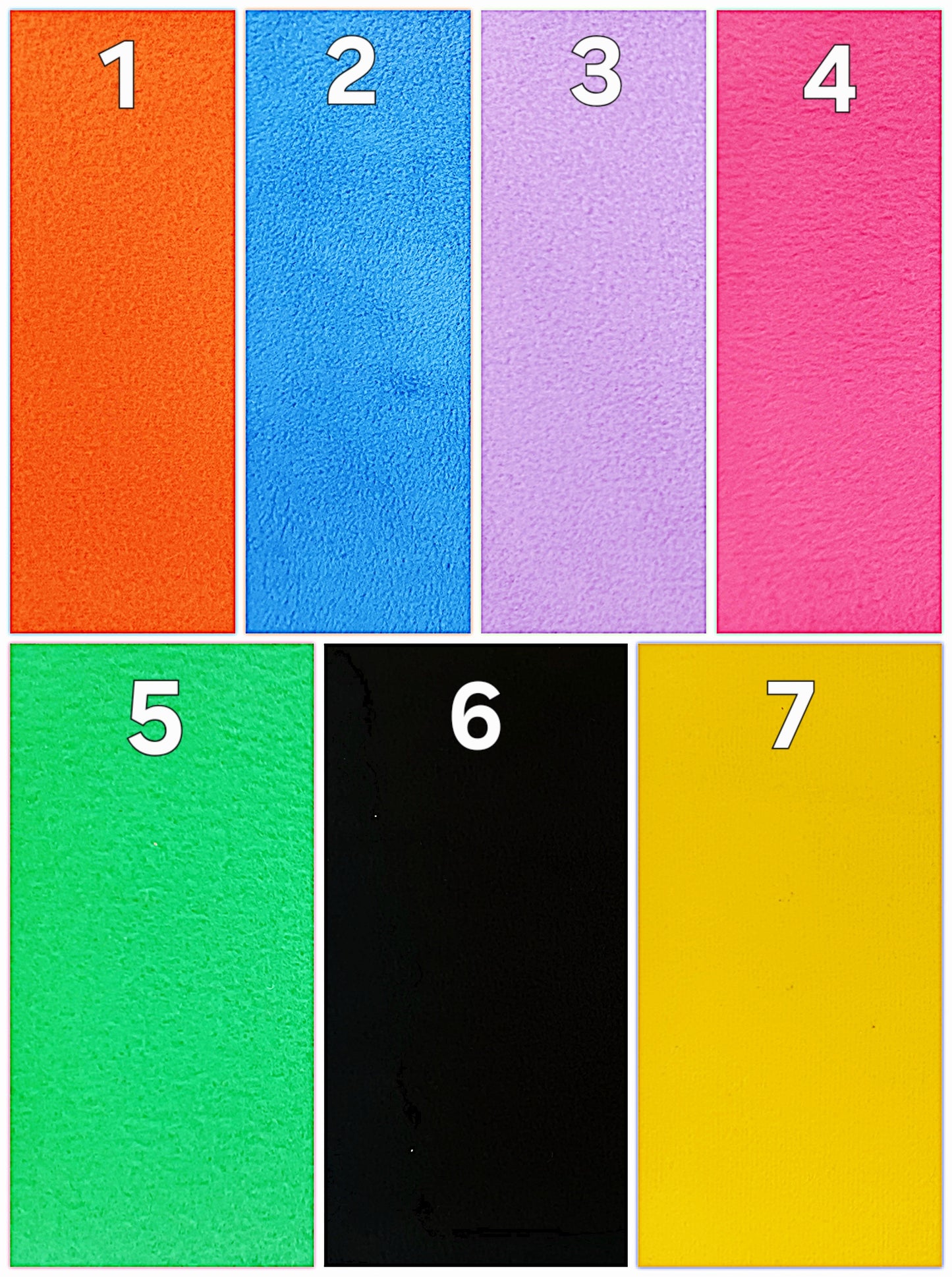 Seven color swatches in different colors arranged in a grid.