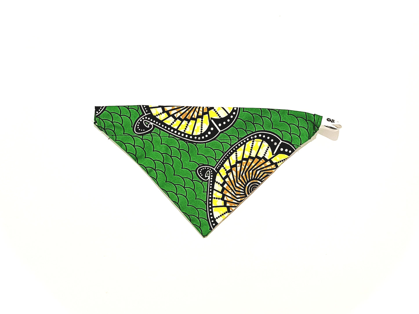 Green bandana with black and yellow pattern on a white background