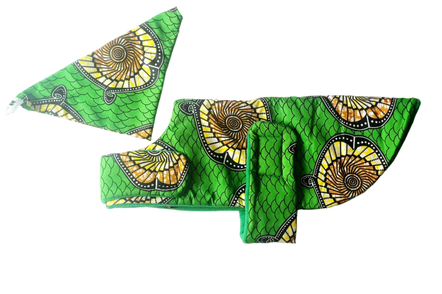 Green dog coat with yellow and black patterns folded on a white background