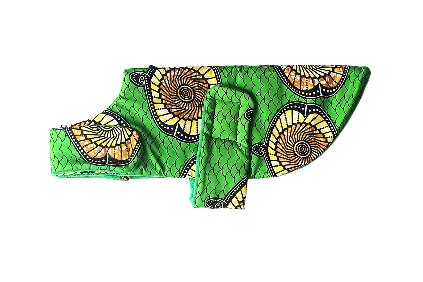 Green fabric with yellow and brown patterns Dog Coat on a white background