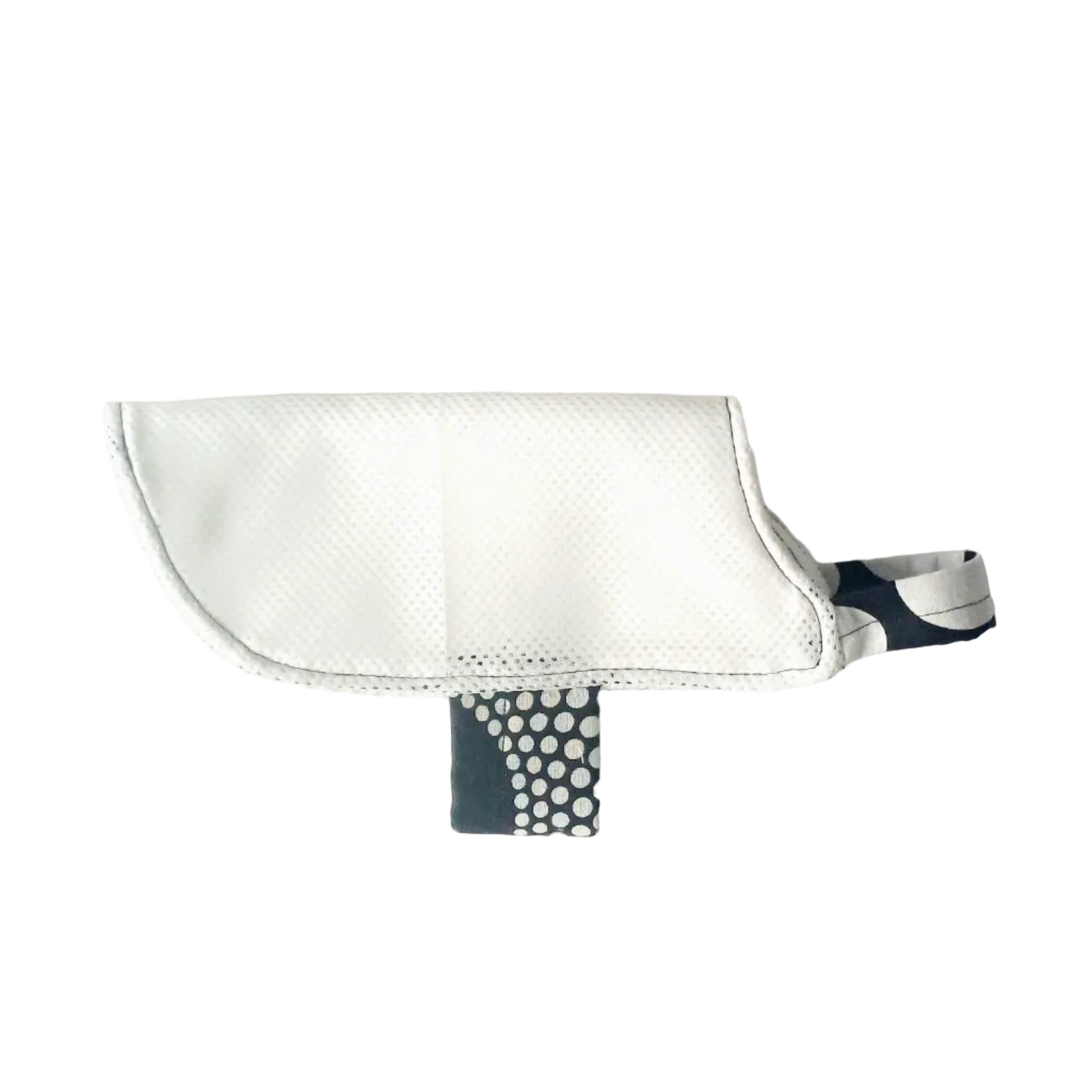 A white cooling coat with a black and white patterned strap, photographed on a plain white background.