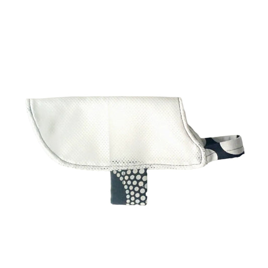 A white cooling coat with a black and white patterned strap, photographed on a plain white background.