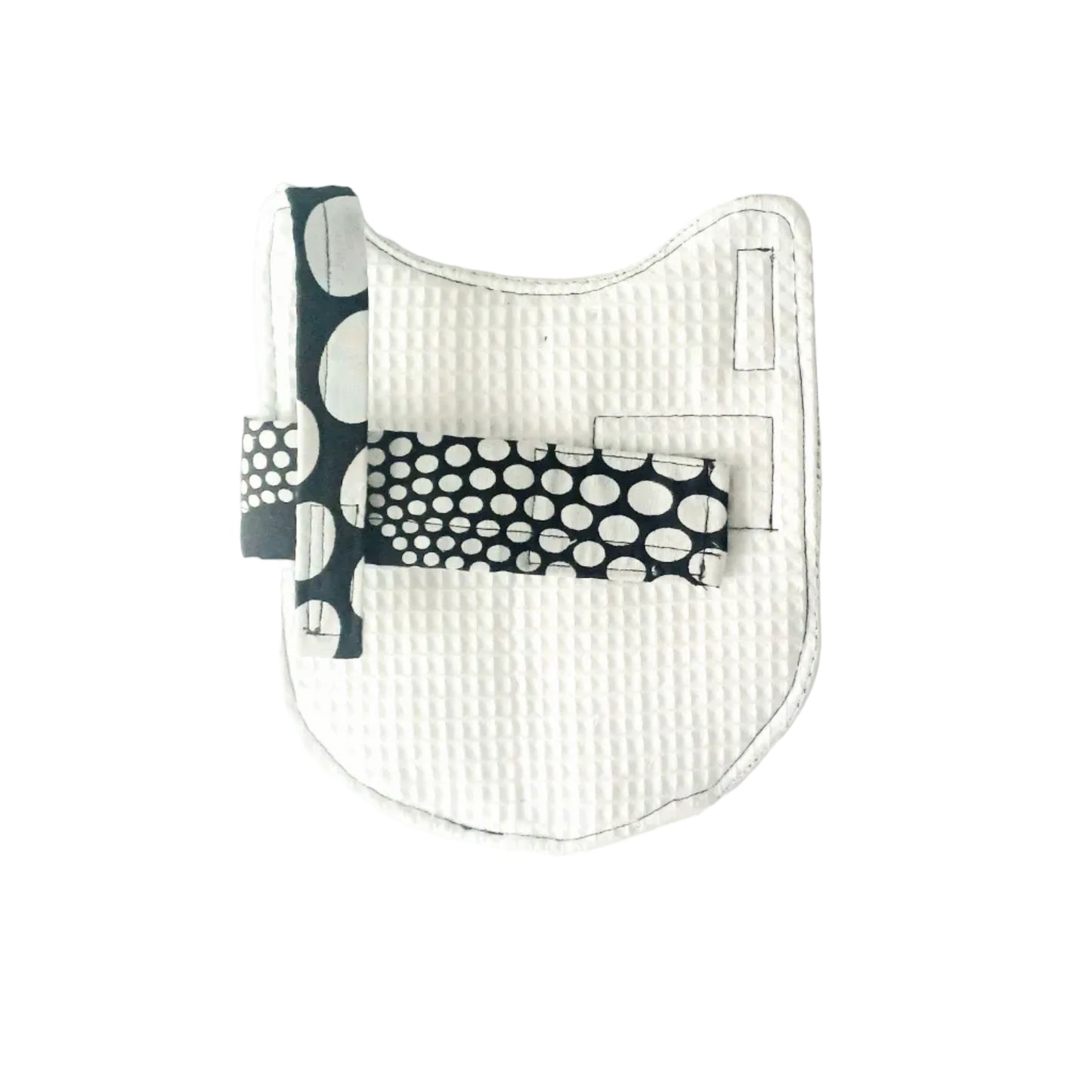 A white textured cooling coat with black and white patterned straps, photographed on a plain white background.