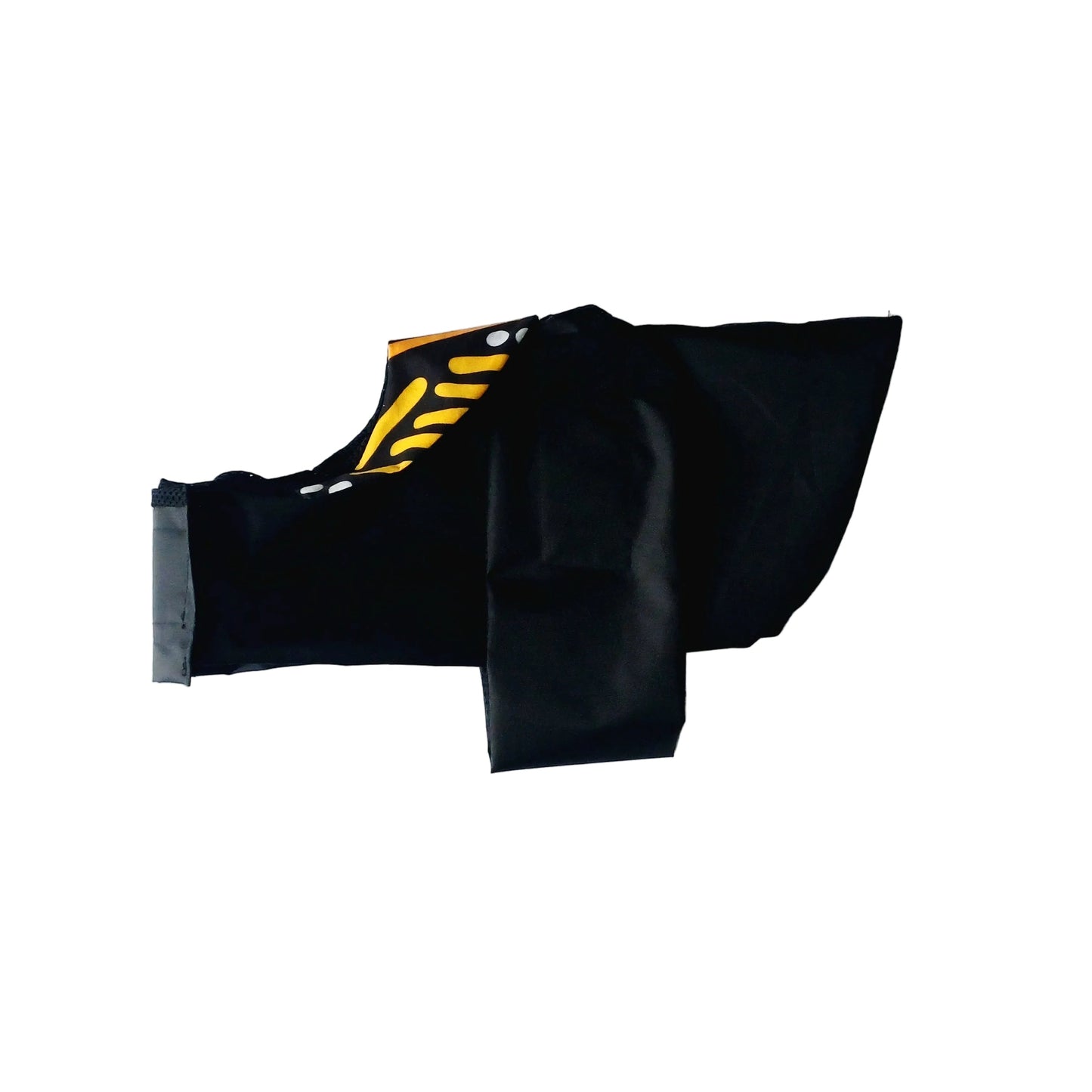 A black Raincoat laid flat on a white background, featuring a yellow and black striped pattern on the collar.