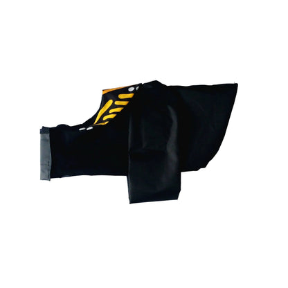 A black Raincoat laid flat on a white background, featuring a yellow and black striped pattern on the collar.