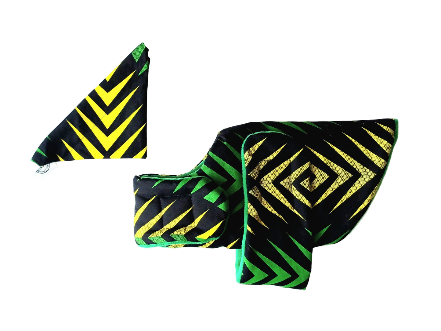 A dog coat and bandana set with a bold black, green, and yellow geometric pattern, displayed on a plain white background. 