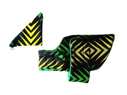 A dog coat and bandana set with a bold black, green, and yellow geometric pattern, displayed on a plain white background. 