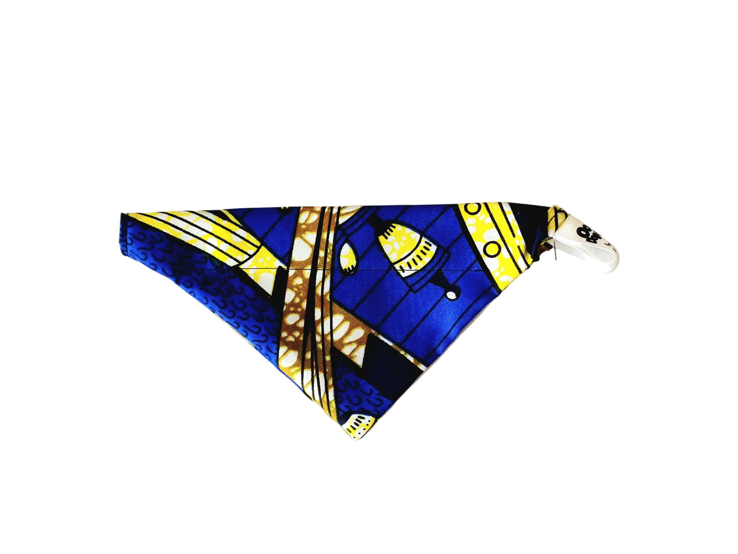 A triangular pet bandana featuring a vibrant blue, yellow, and black African wax print displayed on a clean white background.