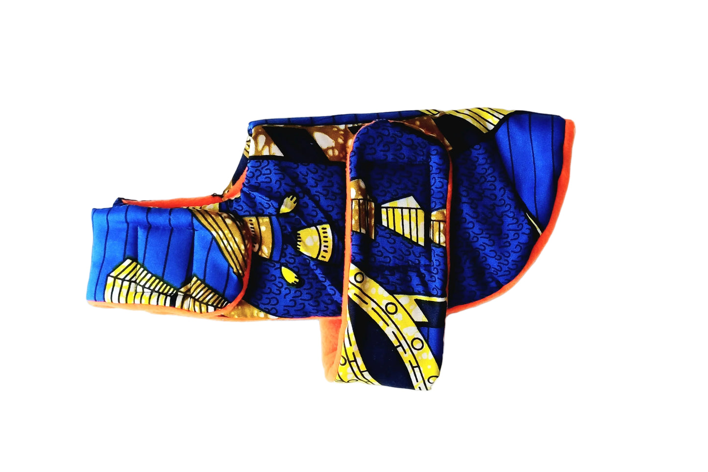 A dog coat with a bold blue, yellow, and black pattern, photographed flat against a plain white background.
