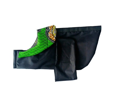 Black dog raincoat with Green African print collar
