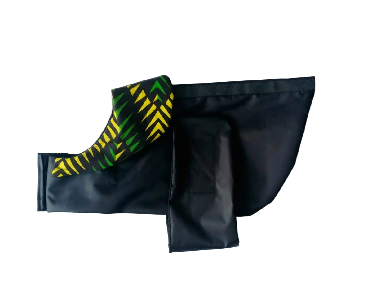 Black dog raincoat with Black, Yellow and Green triangle print