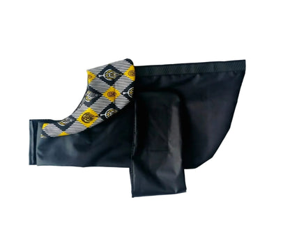 Black dog raincoat with a White, Yellow and Black patterned collar