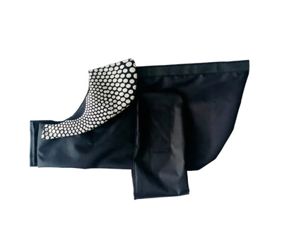 Black dog raincoat with Black and White polka dot collar