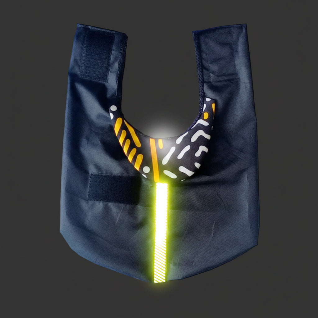A black dog rain coat flat on a black background, featuring a patterned neck opening with yellow, black, white, and motifs, plus a vertical reflective stripe down the centre.