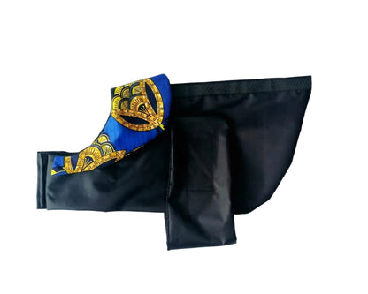 Black dog raincoat with Blue and Gold patterned collar