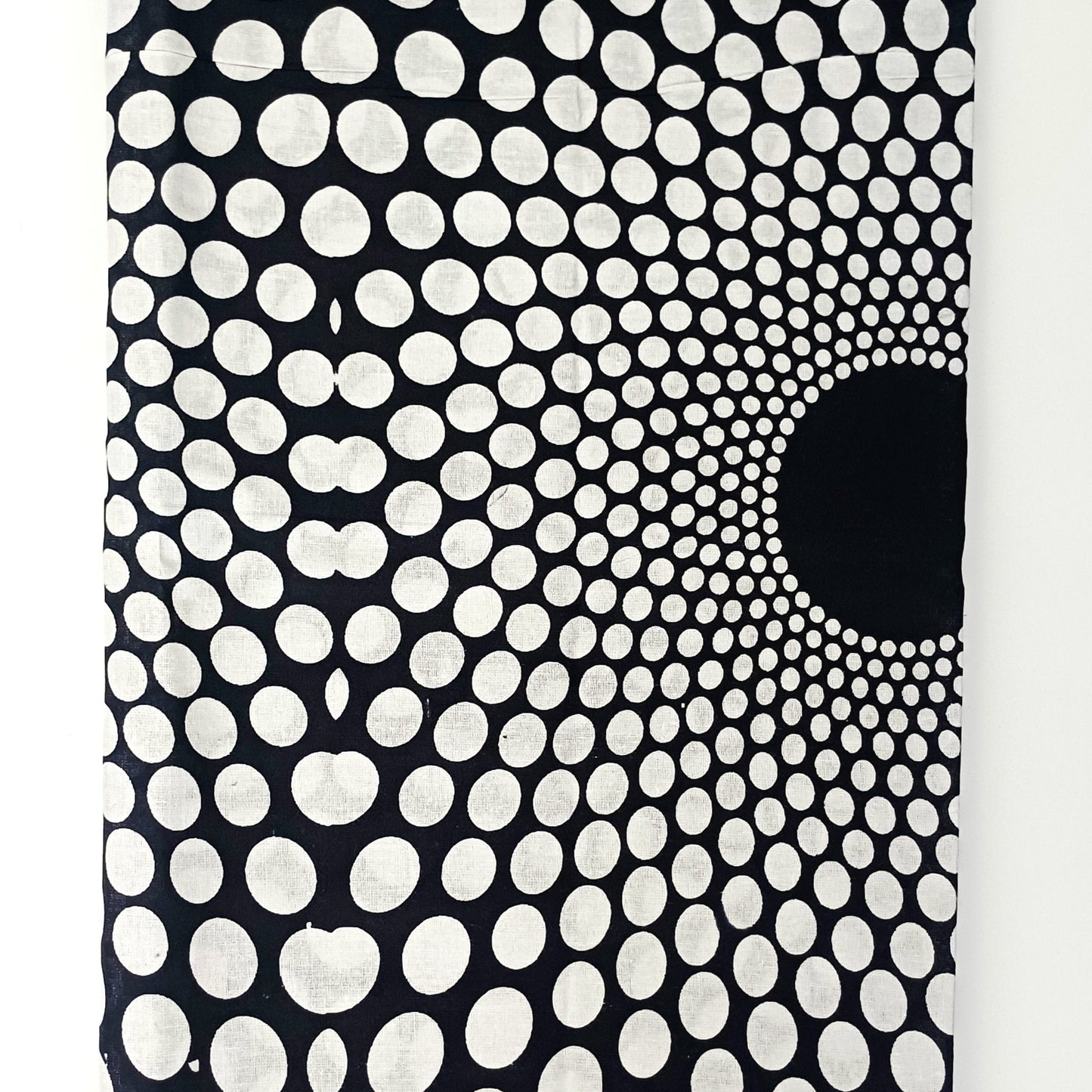 Black and white patterned fabric with a central black circle