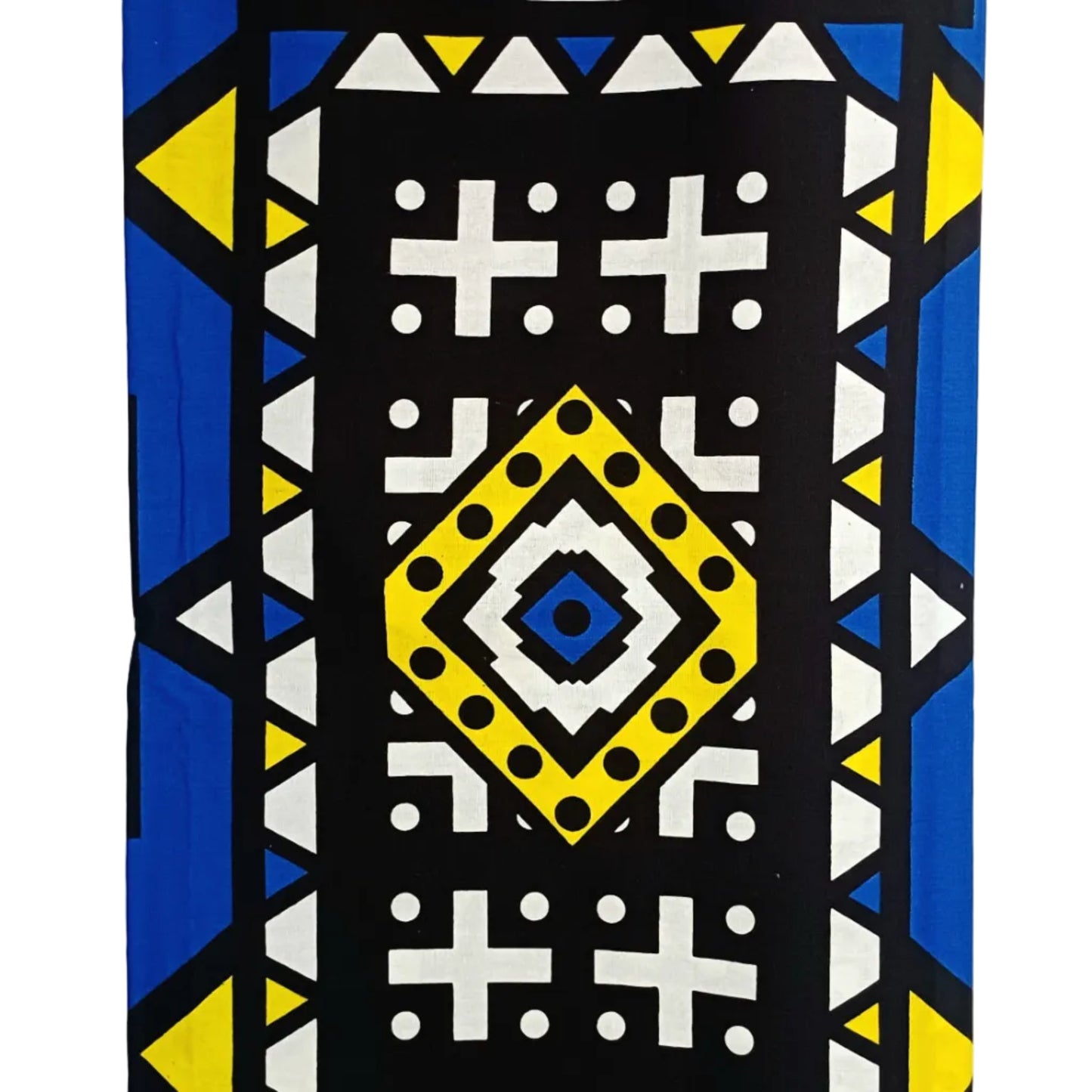 Geometric pattern fabric featuring blue, yellow, and black colours.