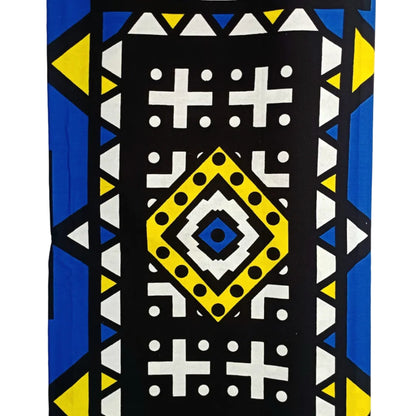 Geometric pattern fabric featuring blue, yellow, and black colours.