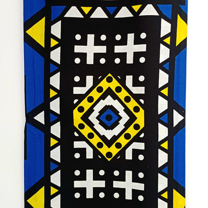 Fabric with geometric pattern featuring blue, yellow, and black colours.