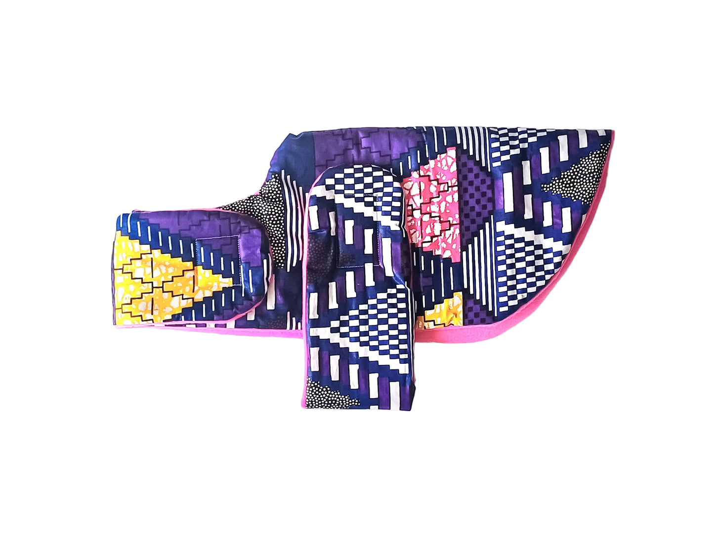 Colourful patterned Dog Coat on a white background