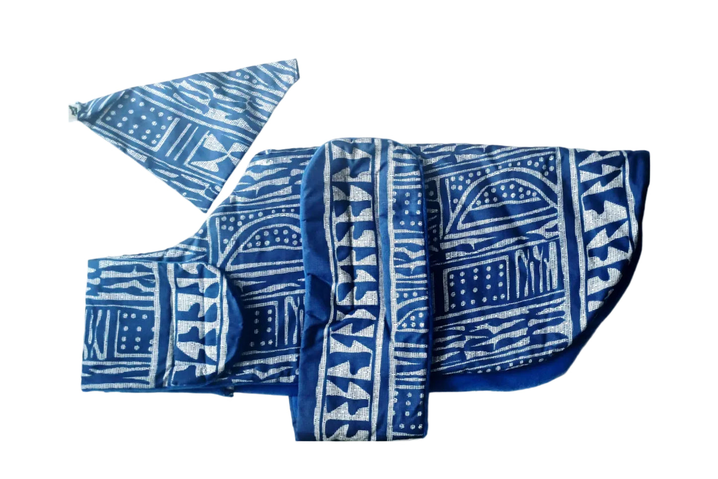Blue and white patterned dog coat on a white background