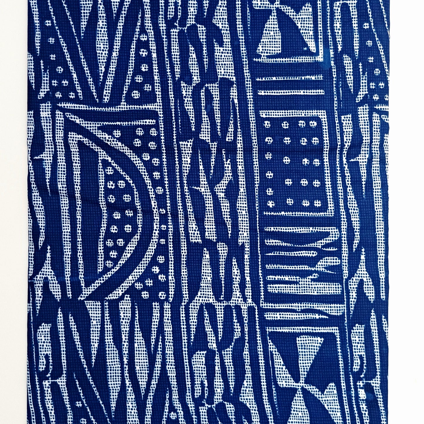 Navy blue fabric with white geometric pattern
